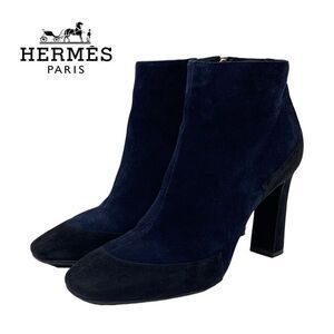 Hermes Boots Short Boots Shoes Suede Navy Black Bicolor